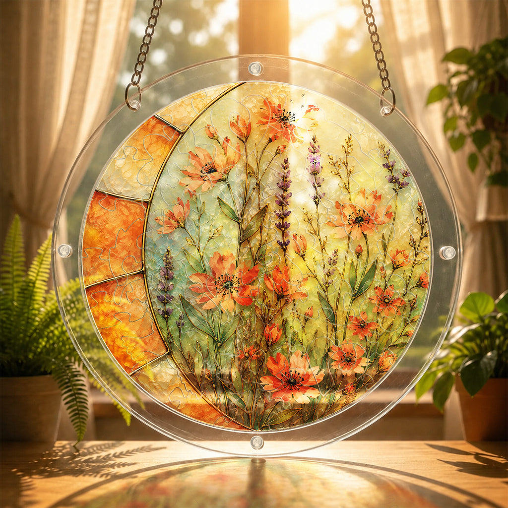 Lavender wildflowers acrylic puzzle suncatcher, colorful DIY floral window decor