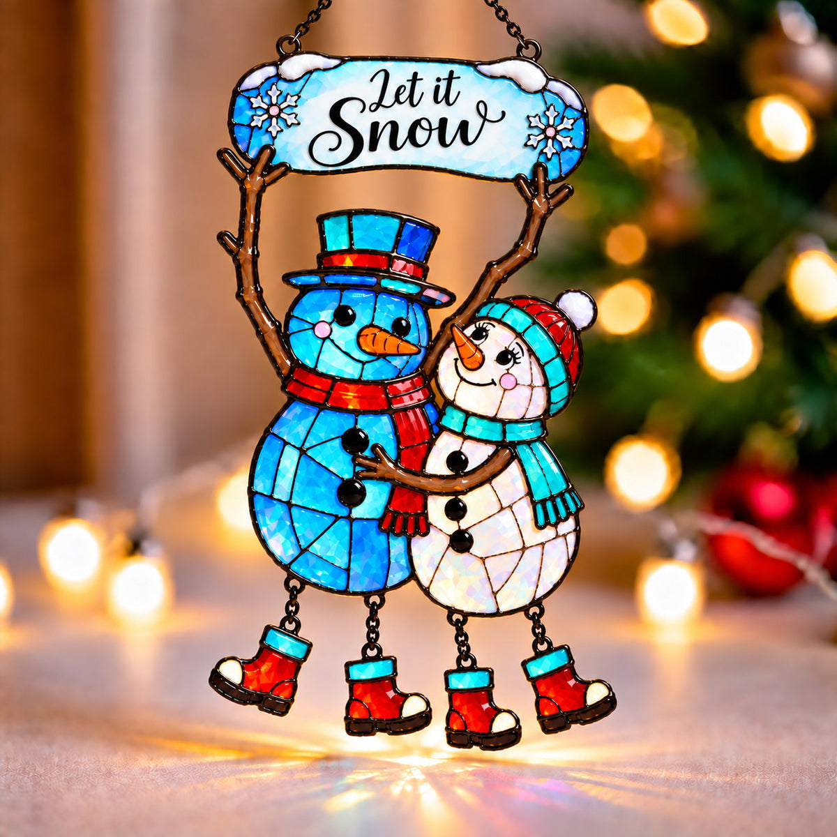 Let It Snow Snowman Couple Holographic Acrylic Suncatcher