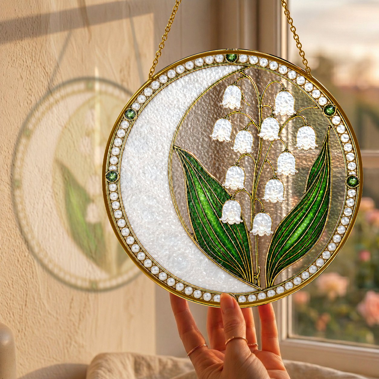 Lily of the valley pearl stained glass suncatcher
