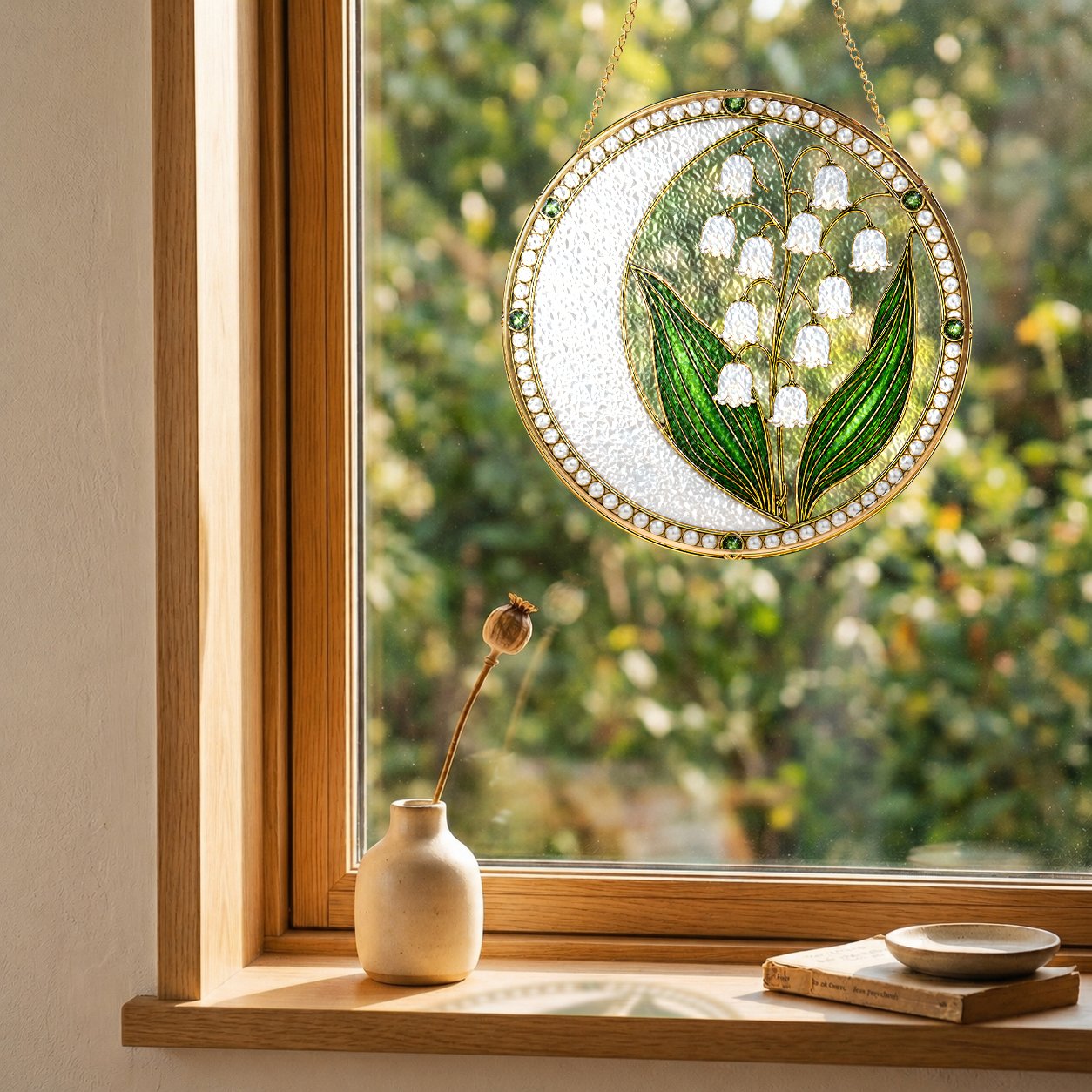 Lily of the valley pearl stained glass suncatcher