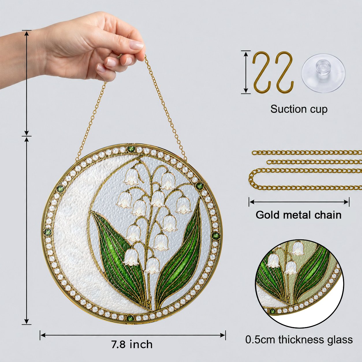 Lily of the valley pearl stained glass suncatcher