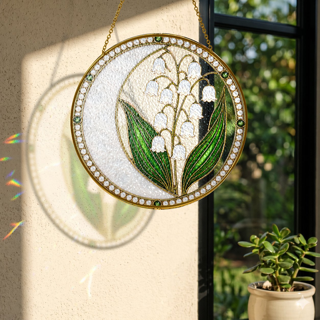 Lily of the valley pearl stained glass suncatcher size chart