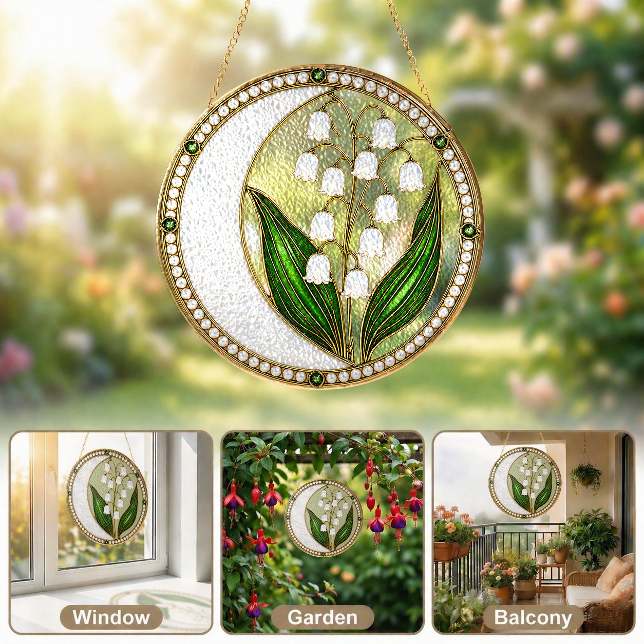 Lily of the valley pearl stained glass suncatcher