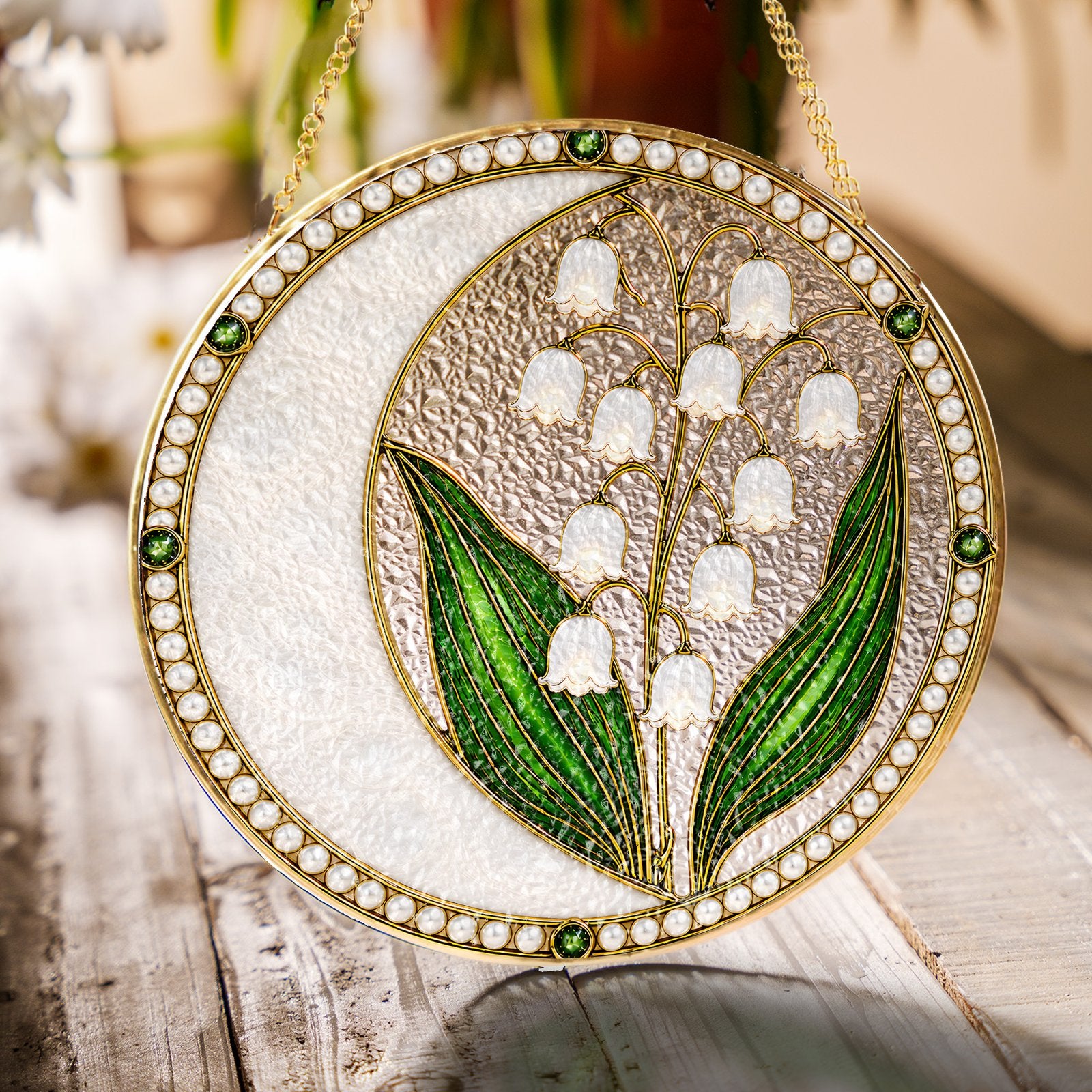 Lily of the valley pearl stained glass suncatcher