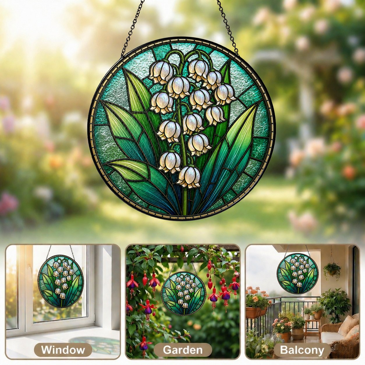 Lily of the valley stained glass suncatcher with dark frame