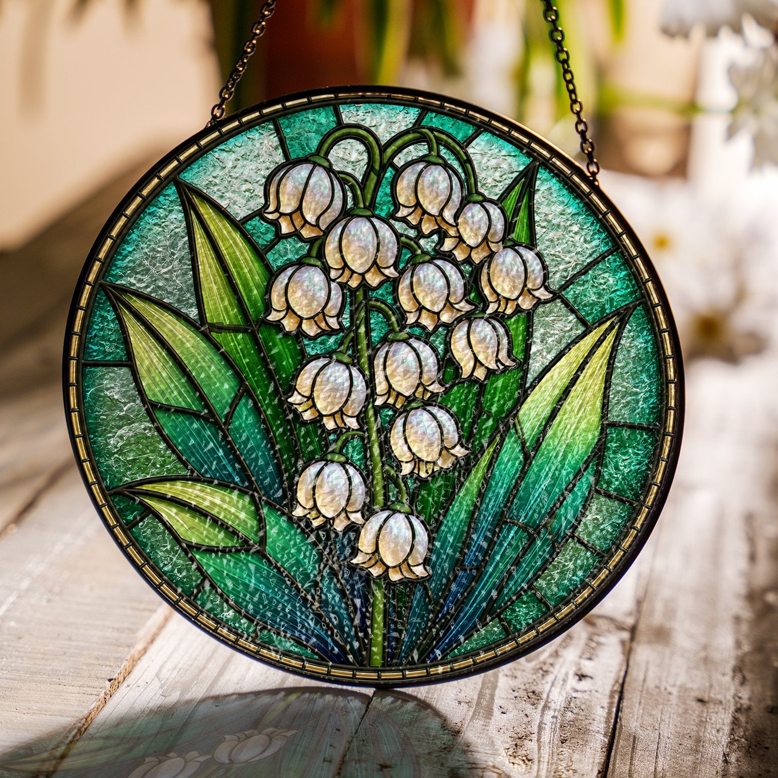 Lily of the valley stained glass suncatcher window