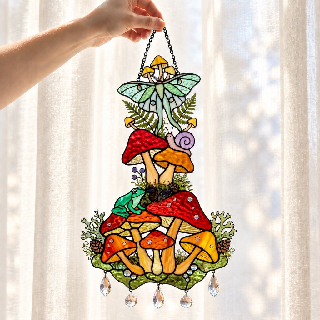 Luna Moth Mushroom Garden Holographic Acrylic Suncatcher