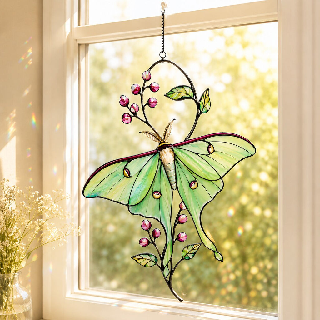 Luna Moth & Pink Blossom Holographic Acrylic Suncatcher