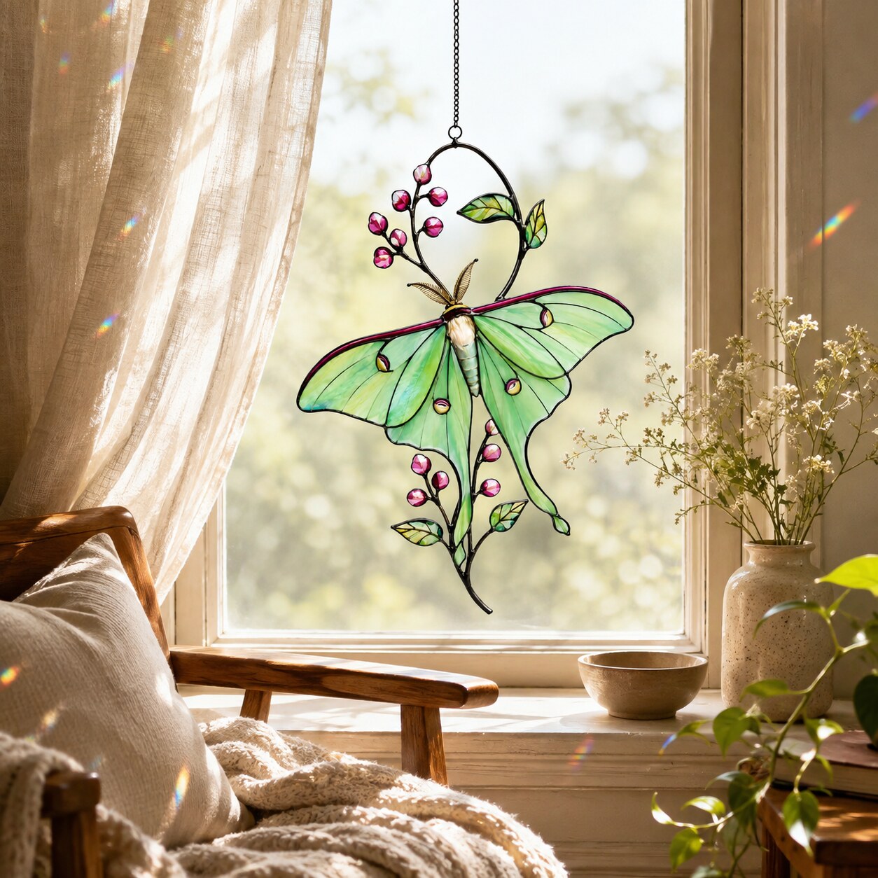Luna Moth & Pink Blossom Holographic Acrylic Suncatcher