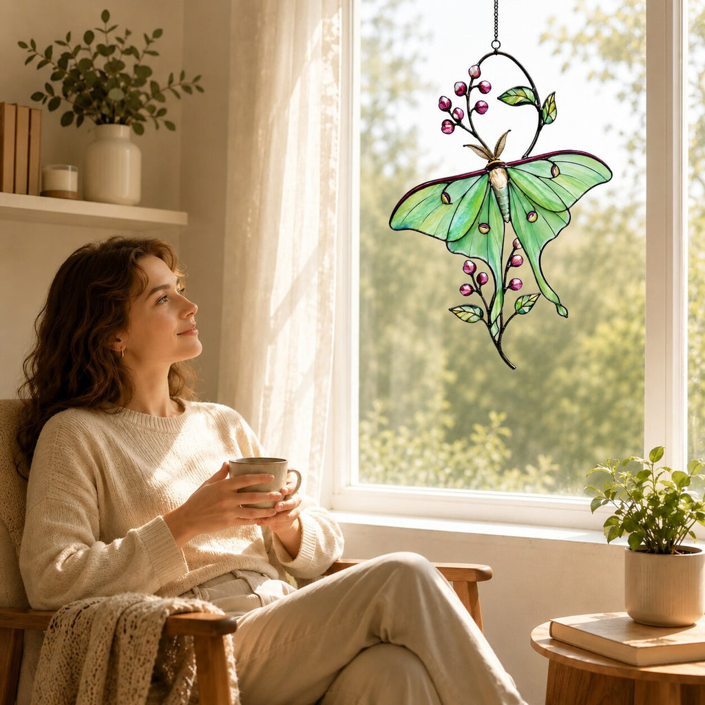 Luna Moth & Pink Blossom Holographic Acrylic Suncatcher