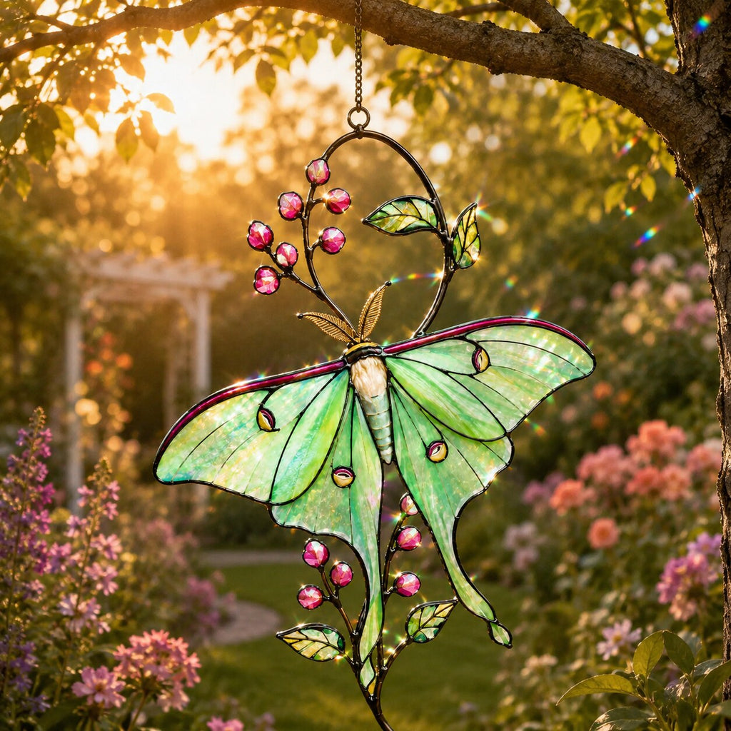 Luna Moth & Pink Blossom Holographic Acrylic Suncatcher