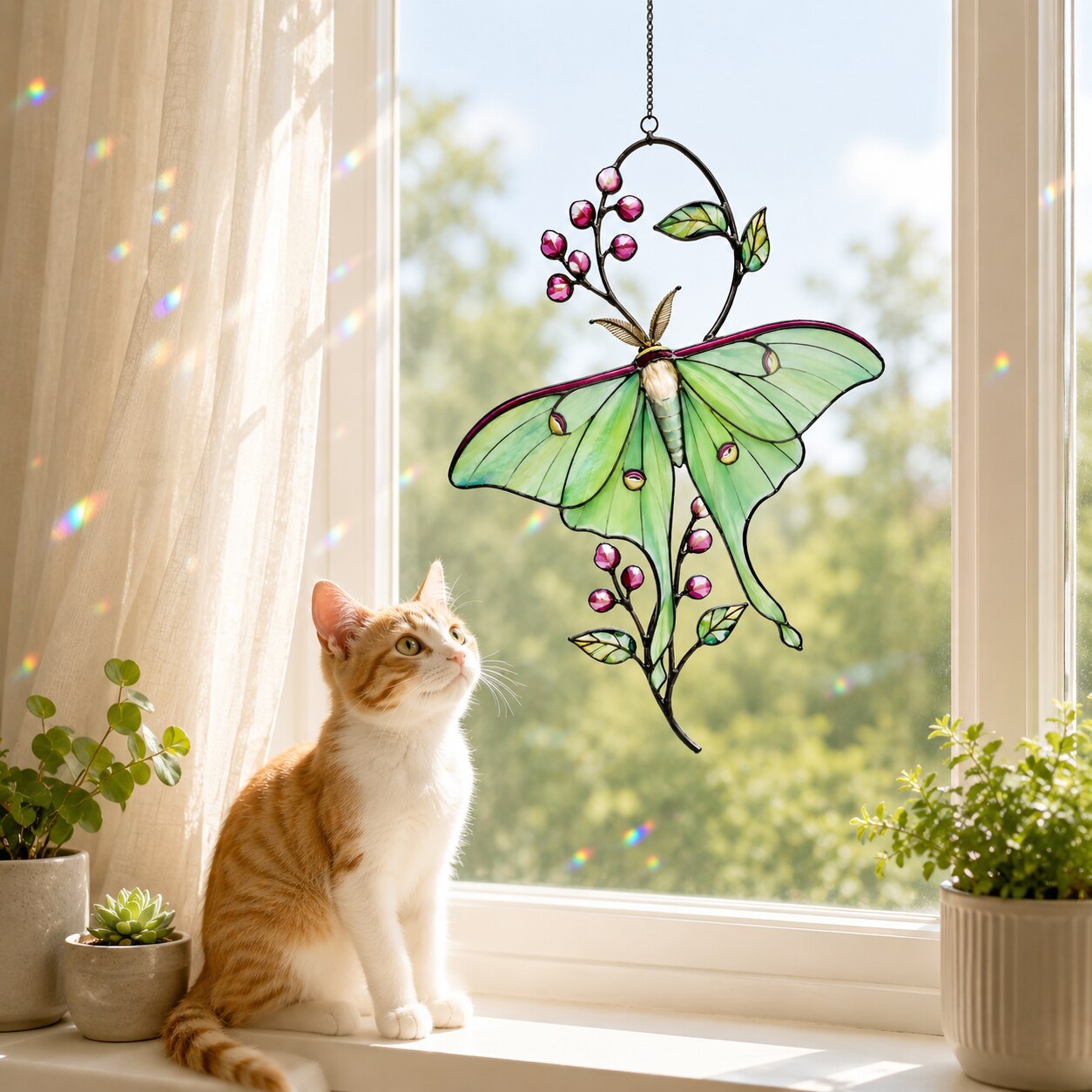 Luna Moth & Pink Blossom Holographic Acrylic Suncatcher