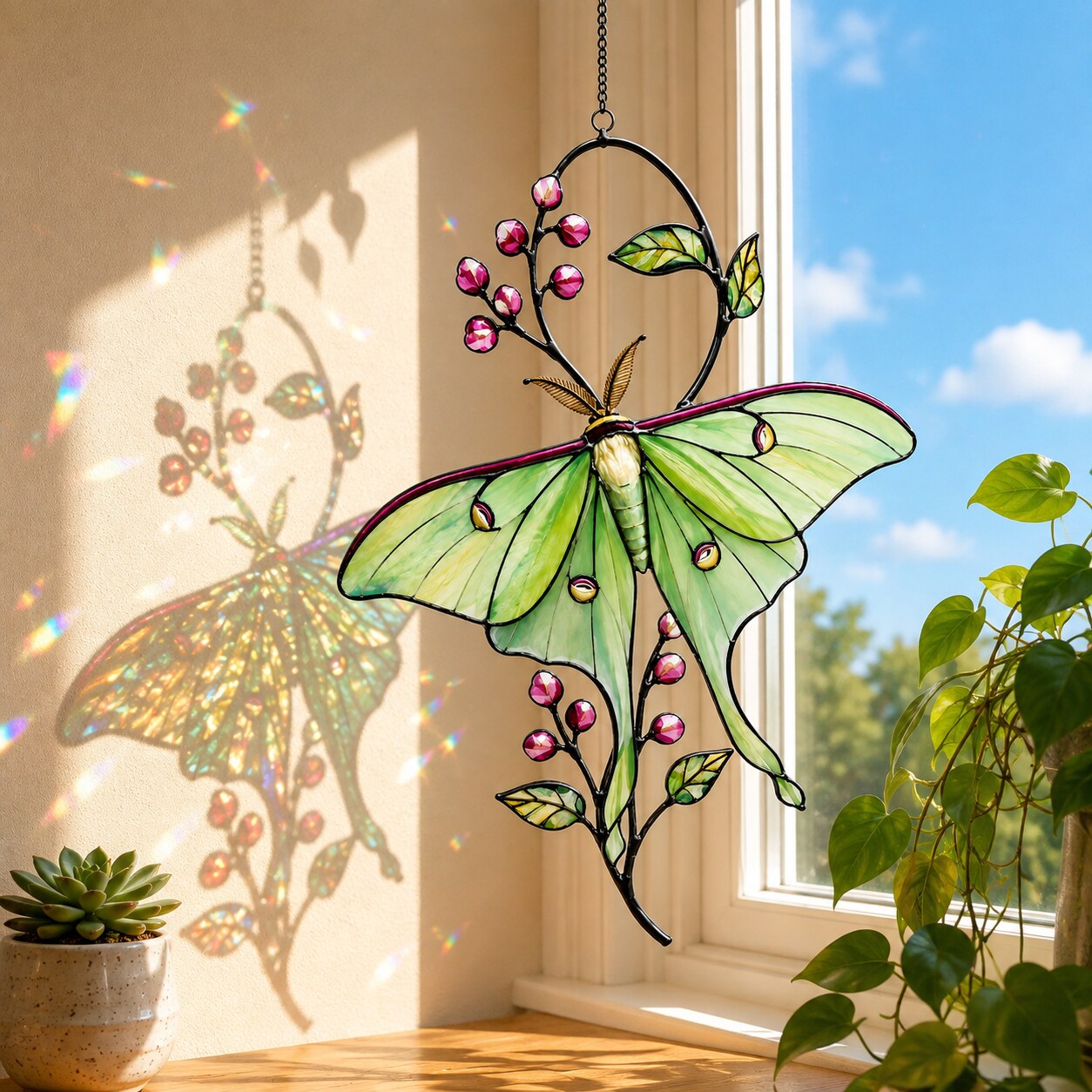 Luna Moth & Pink Blossom Holographic Acrylic Suncatcher