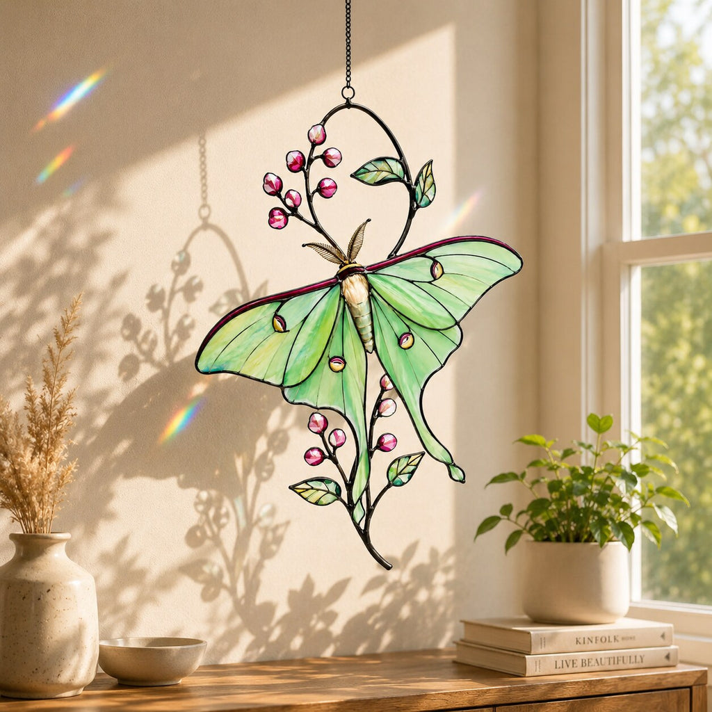 Luna Moth & Pink Blossom Holographic Acrylic Suncatcher