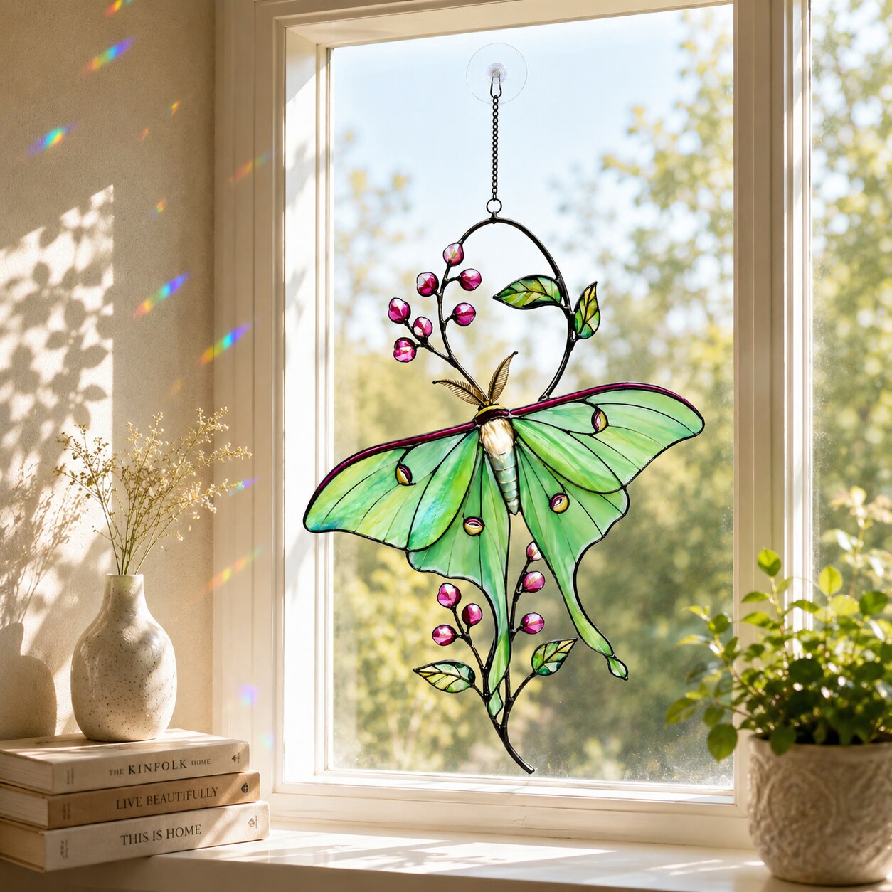 Luna Moth & Pink Blossom Holographic Acrylic Suncatcher