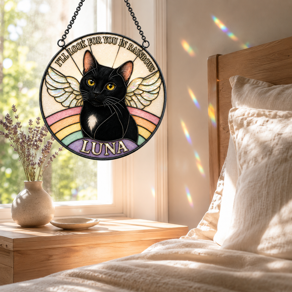 Decorative glass panel with a black cat named Luna, placed in a bedroom.