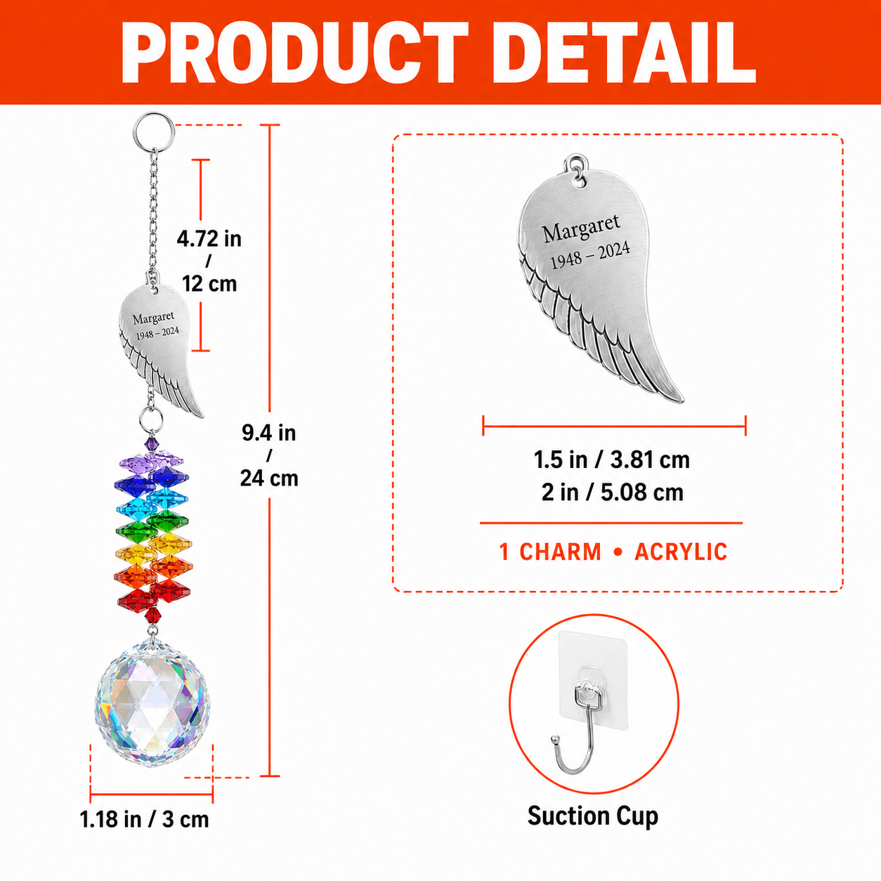 Product detail image of personalized memorial angel wing crystal suncatcher showing charm size, full hanging length, crystal ball size, acrylic charm, and suction cup hook