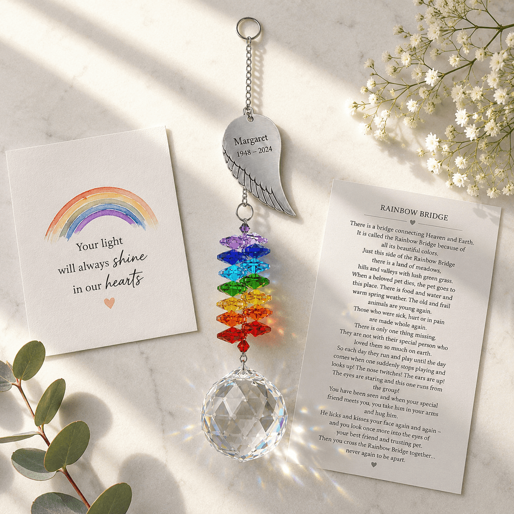 Personalized memorial angel wing crystal suncatcher displayed on marble surface with Rainbow Bridge remembrance card and soft sunlight