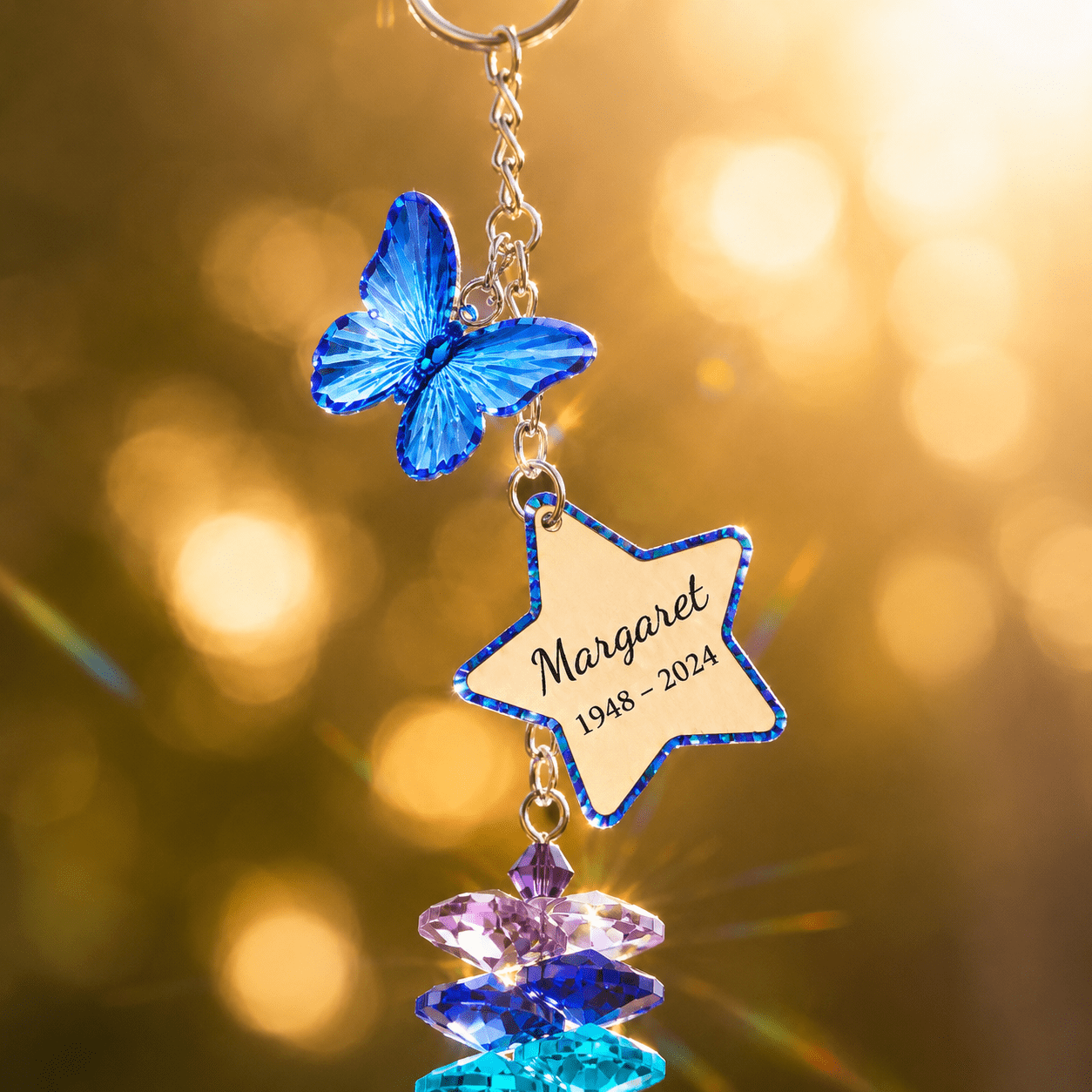 Product detail image of personalized memorial butterfly crystal suncatcher showing charm size, full hanging length, acrylic charms, crystal ball size, and suction cup hook
