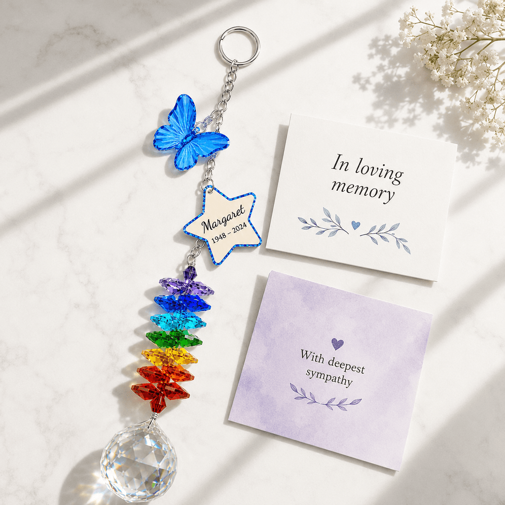 Personalized memorial butterfly crystal suncatcher displayed on marble surface with sympathy cards, rainbow crystals, and soft white flowers