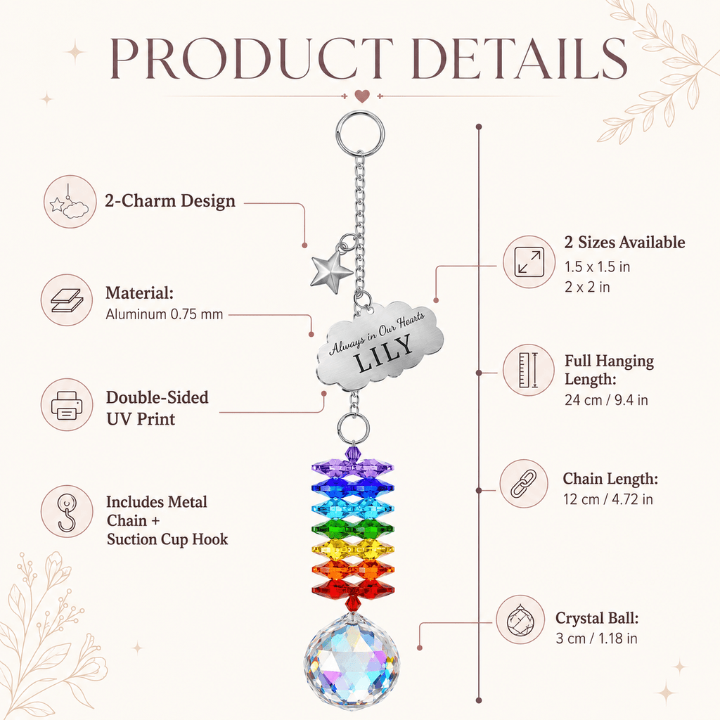 Product details image of personalized memorial cloud star crystal suncatcher showing 2 charm design, aluminum material, double sided UV print, charm sizes, full hanging length, chain length, suction cup hook, and crystal ball size