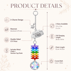 Product details image of personalized memorial cloud star crystal suncatcher showing 2 charm design, aluminum material, double sided UV print, charm sizes, full hanging length, chain length, suction cup hook, and crystal ball size