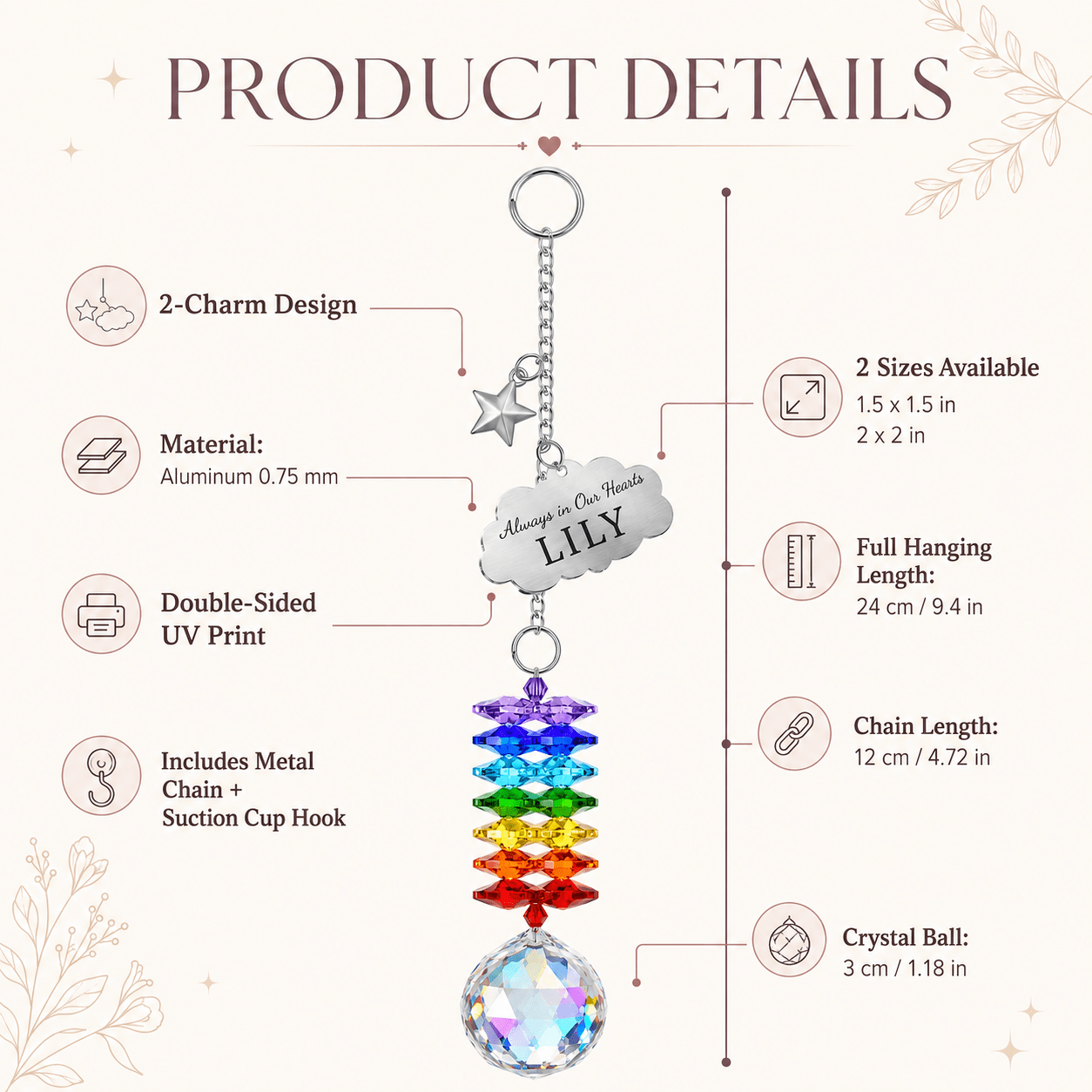 Product details image of personalized memorial cloud star crystal suncatcher showing 2 charm design, aluminum material, double sided UV print, charm sizes, full hanging length, chain length, suction cup hook, and crystal ball size