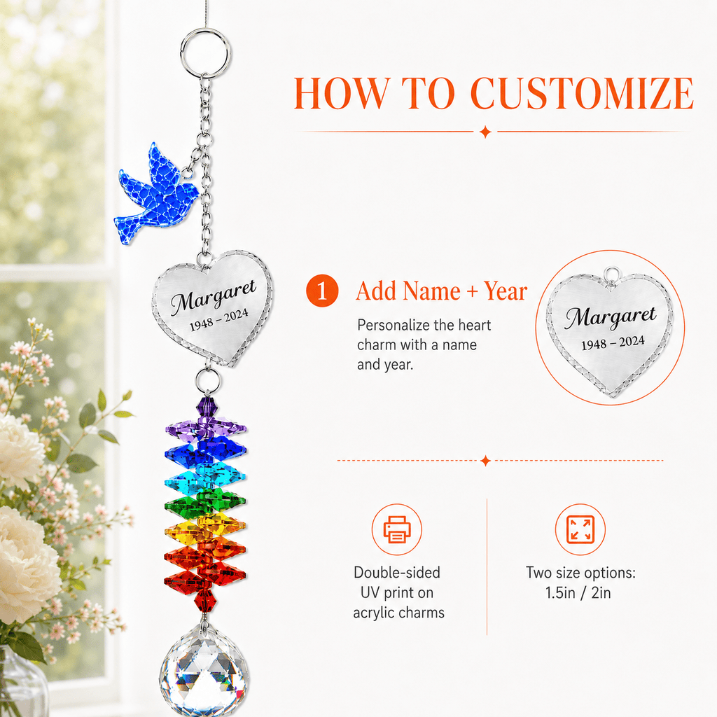 Product detail image of personalized memorial dove crystal suncatcher showing charm size, full hanging length, crystal ball size, acrylic charms, and suction cup hook
