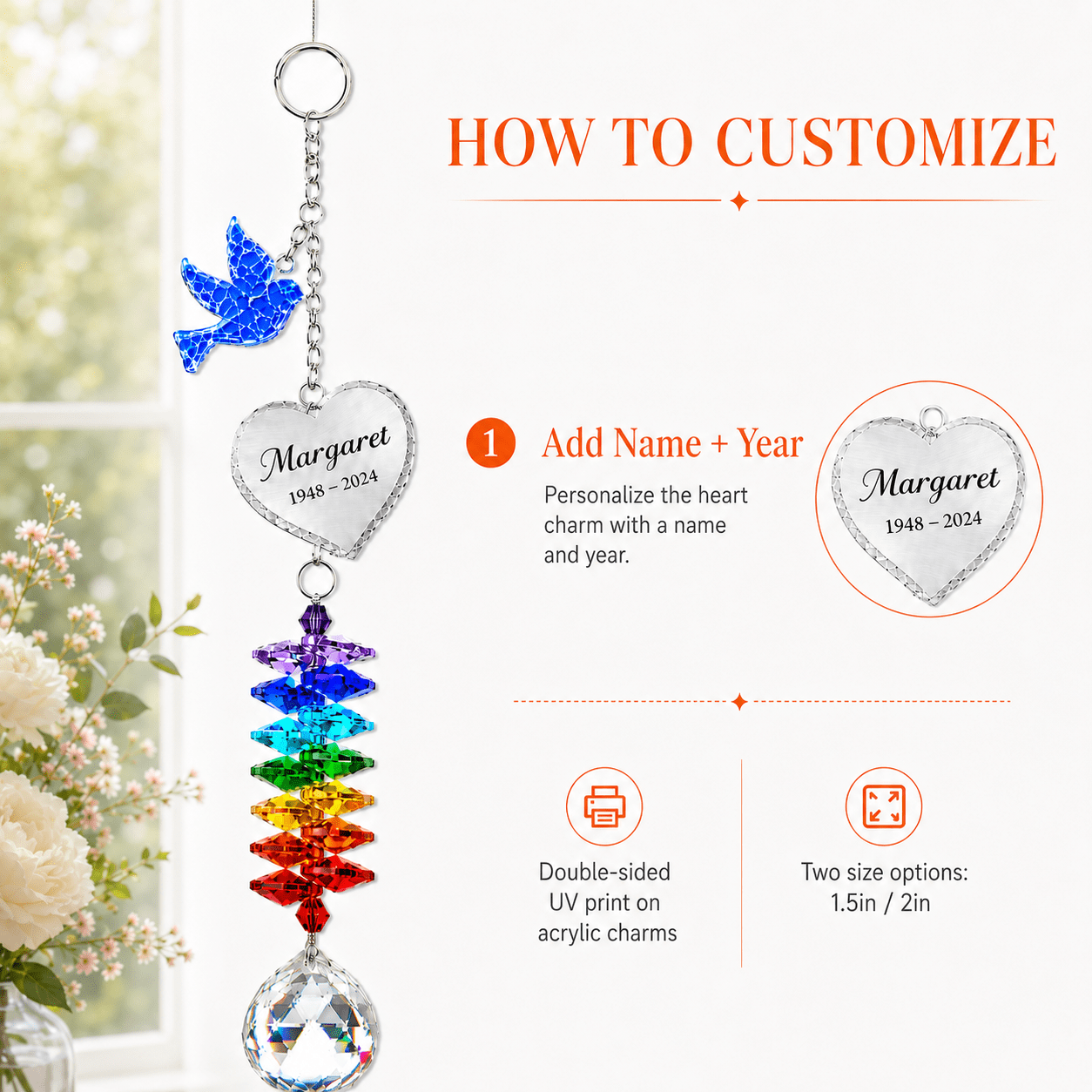 Product detail image of personalized memorial dove crystal suncatcher showing charm size, full hanging length, crystal ball size, acrylic charms, and suction cup hook