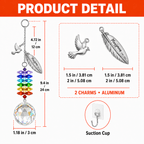 Product detail image of personalized memorial feather dove crystal suncatcher showing charm size, full hanging length, crystal ball size, acrylic charms, and suction cup hook