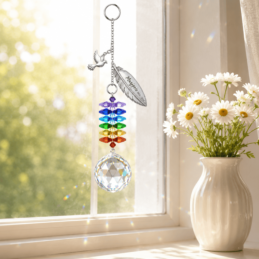 Personalized memorial feather dove crystal suncatcher hanging by a sunny window beside white flowers with rainbow reflections