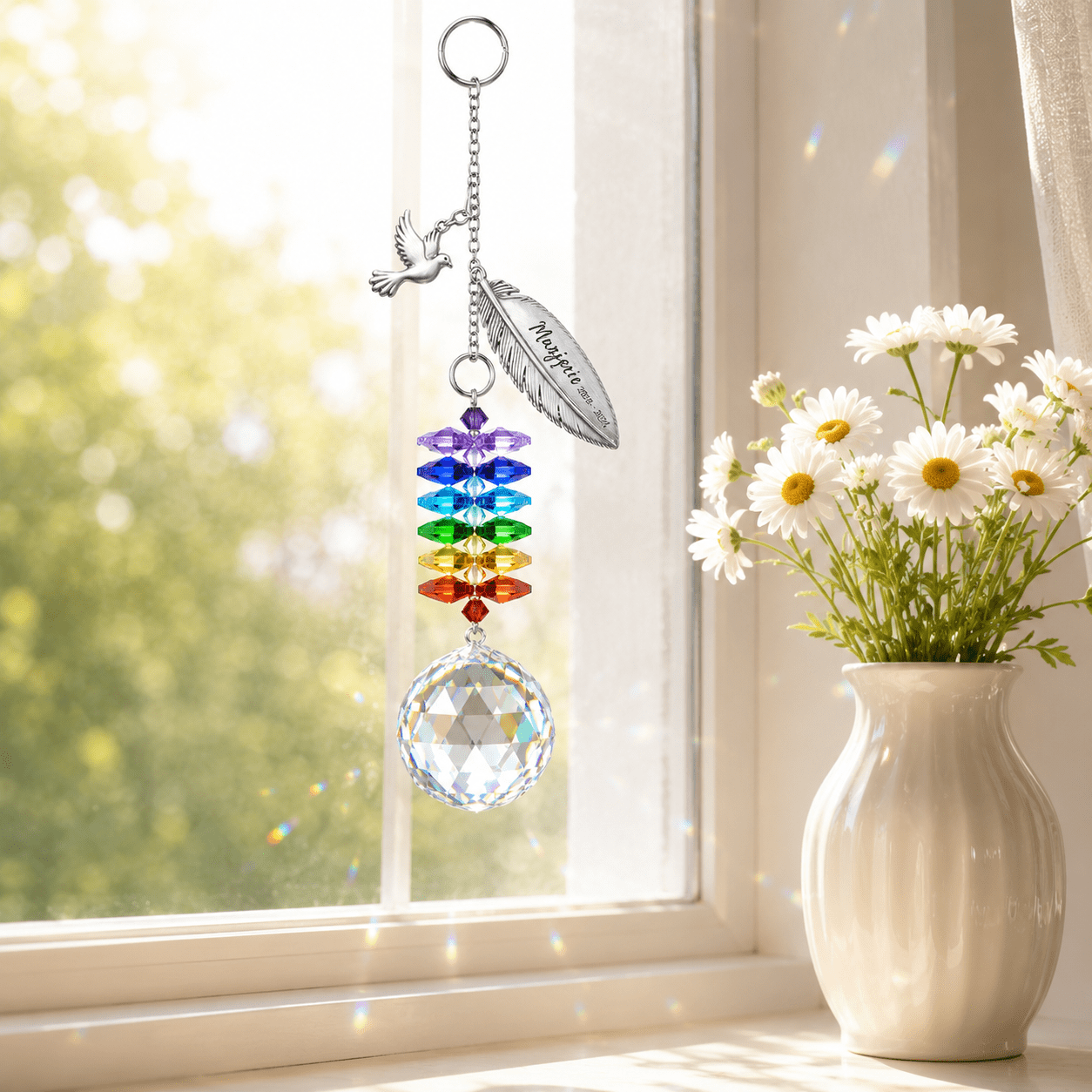 Personalized memorial feather dove crystal suncatcher hanging by a sunny window beside white flowers with rainbow reflections