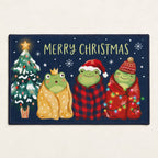Merry Christmas Frogs Doormat — Three Frogs Wrapped in Blankets on Navy, Non-Slip Welcome Mat