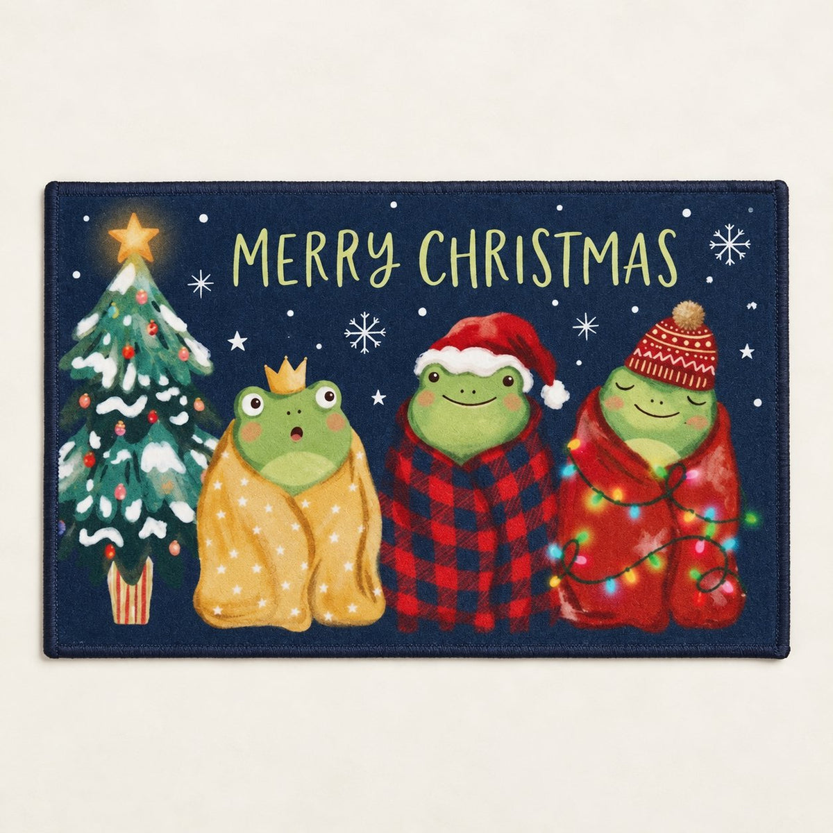 Merry Christmas Frogs Doormat — Three Frogs Wrapped in Blankets on Navy, Non-Slip Welcome Mat