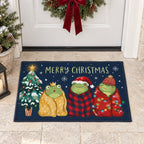Merry Christmas Frogs Doormat — Three Frogs Wrapped in Blankets on Navy, Non-Slip Welcome Mat