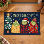 Merry Christmas Frogs Doormat — Three Frogs Wrapped in Blankets on Navy, Non-Slip Welcome Mat