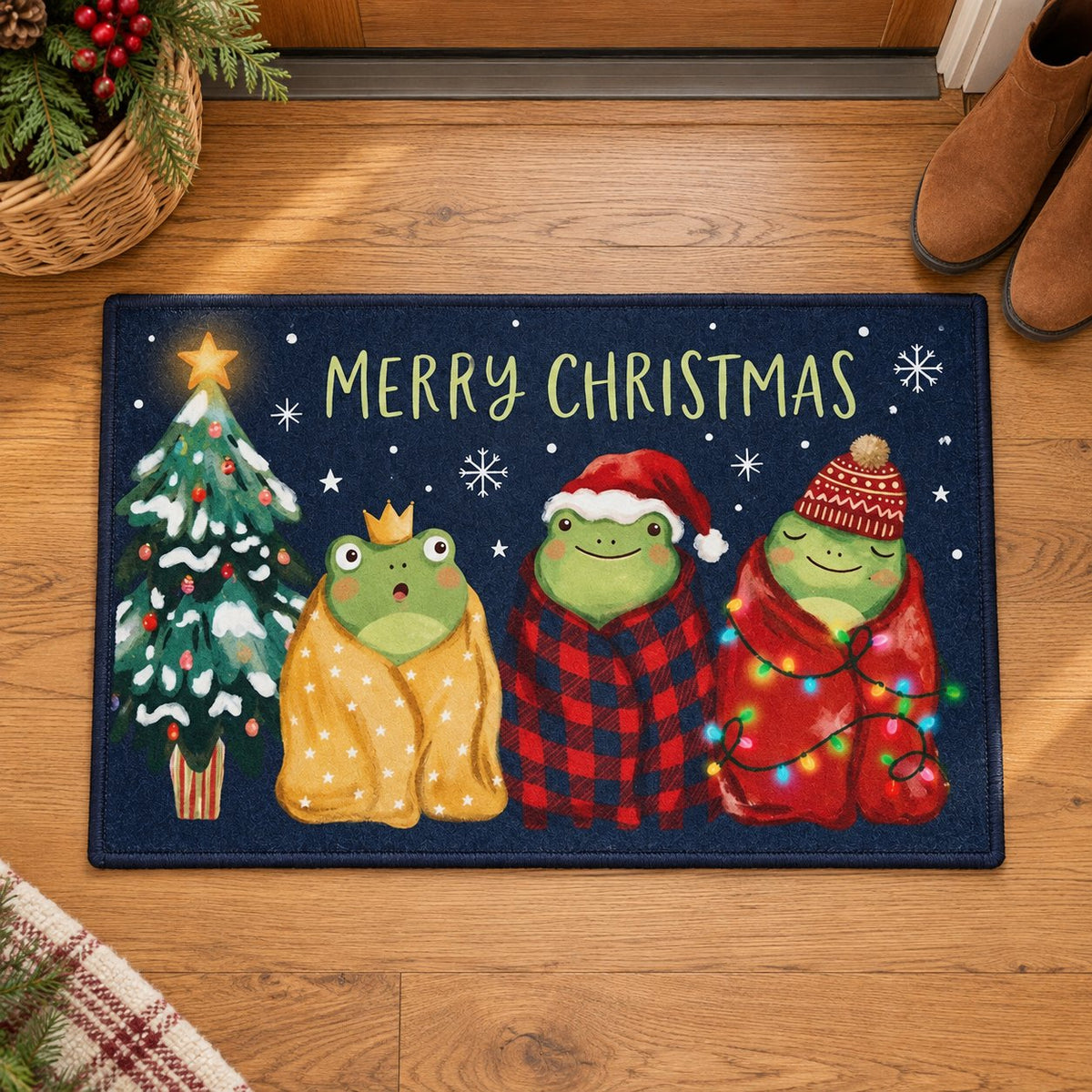 Merry Christmas Frogs Doormat — Three Frogs Wrapped in Blankets on Navy, Non-Slip Welcome Mat