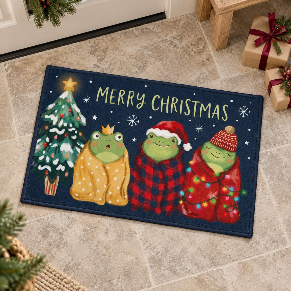 Merry Christmas Frogs Doormat — Three Frogs Wrapped in Blankets on Navy, Non-Slip Welcome Mat