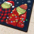 Merry Christmas Frogs Doormat — Three Frogs Wrapped in Blankets on Navy, Non-Slip Welcome Mat