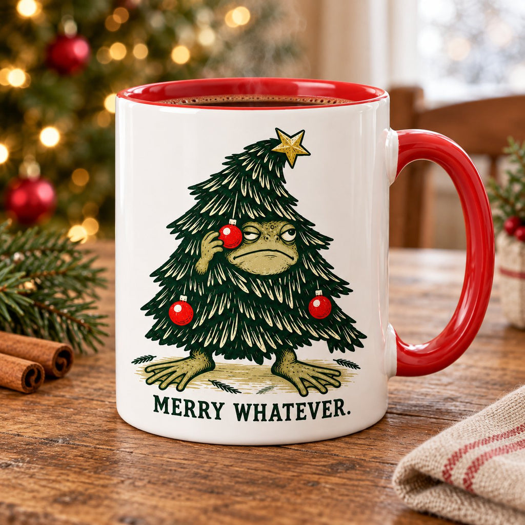 Merry Whatever Grumpy Frog Christmas Mug — Frog in a Christmas Tree Costume, Red Handle, 11 or 15 oz
