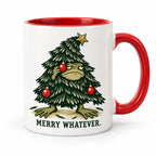 Merry Whatever Grumpy Frog Christmas Mug — Frog in a Christmas Tree Costume, Red Handle, 11 or 15 oz