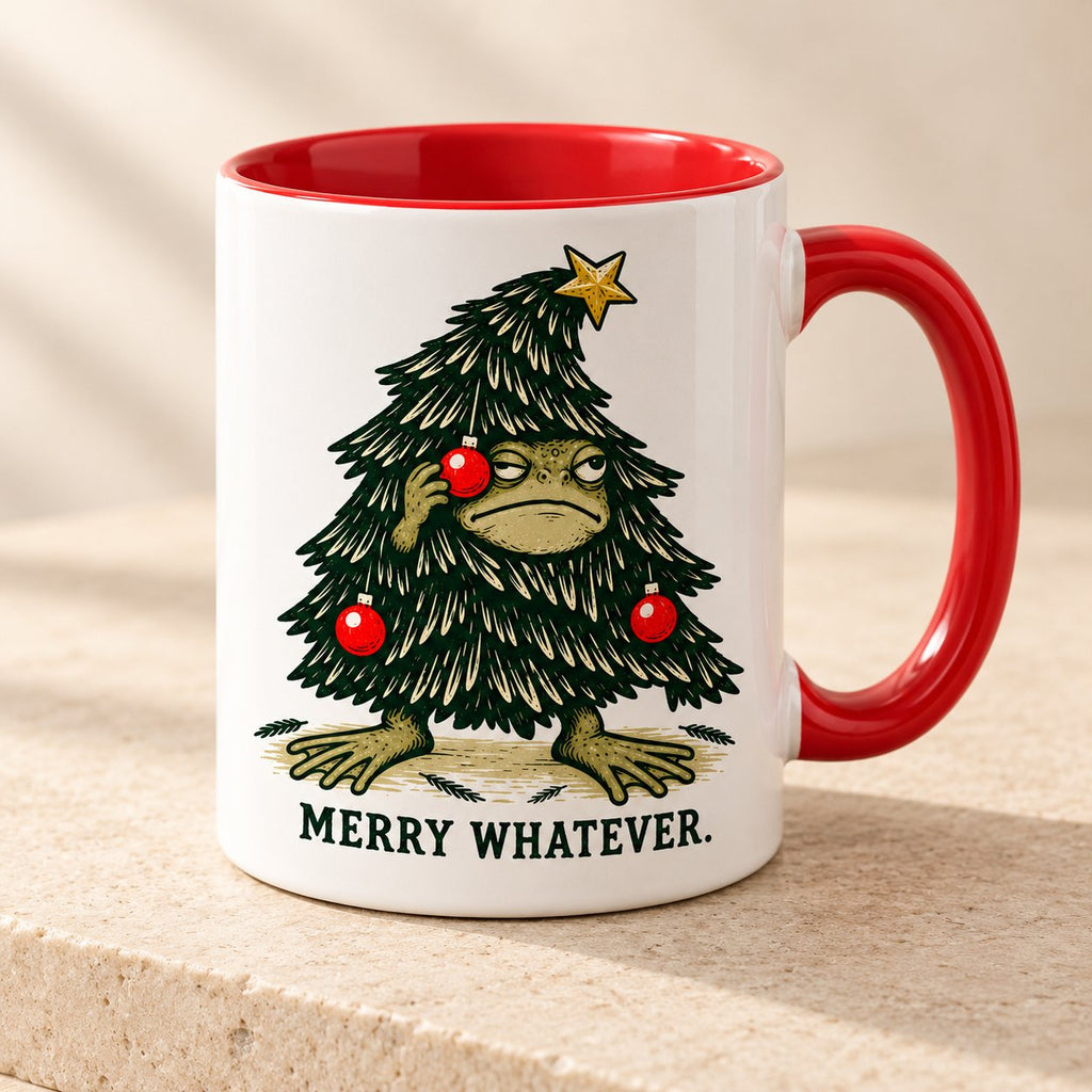 Merry Whatever Grumpy Frog Christmas Mug — Frog in a Christmas Tree Costume, Red Handle, 11 or 15 oz