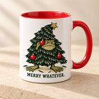 Merry Whatever Grumpy Frog Christmas Mug — Frog in a Christmas Tree Costume, Red Handle, 11 or 15 oz