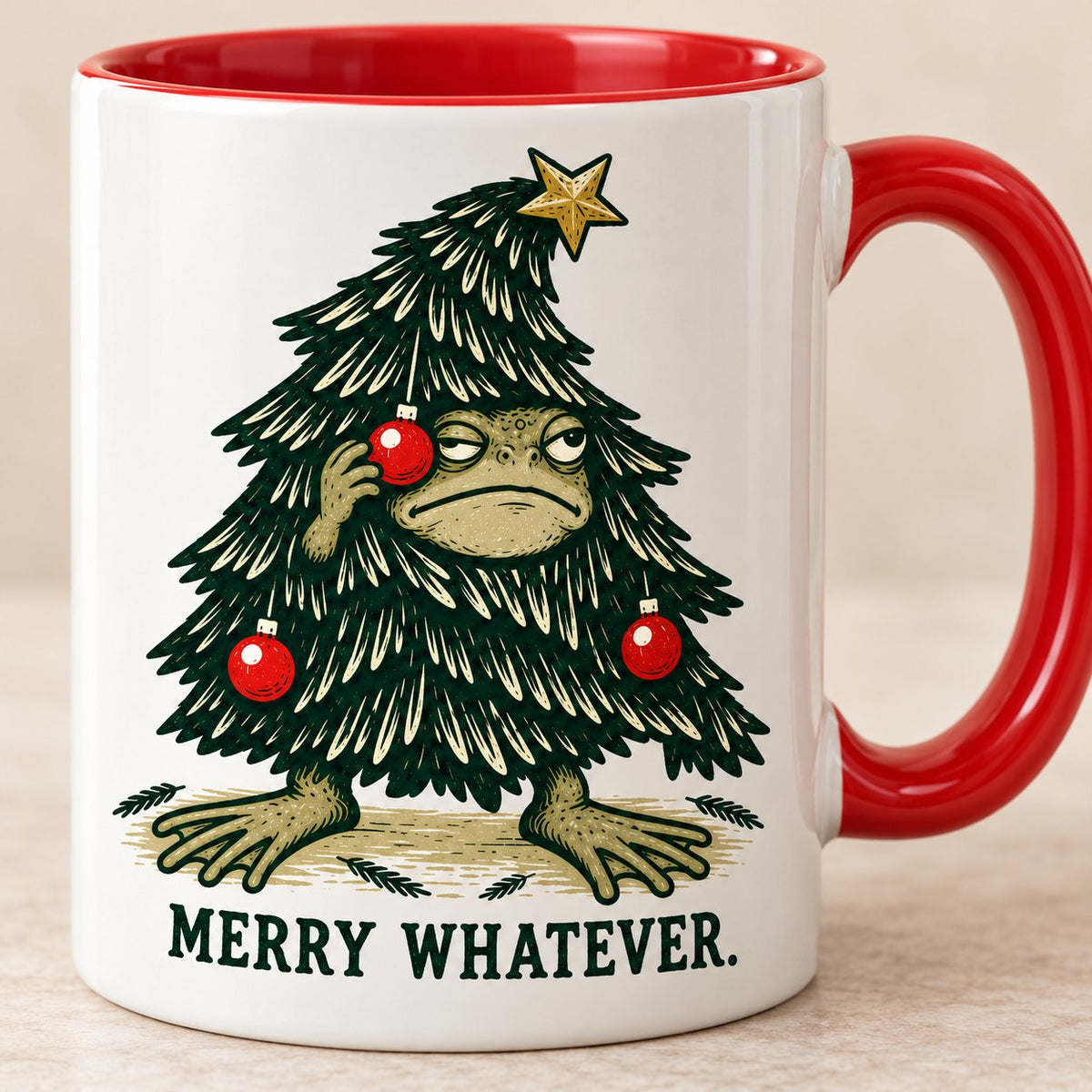 Merry Whatever Grumpy Frog Christmas Mug — Frog in a Christmas Tree Costume, Red Handle, 11 or 15 oz