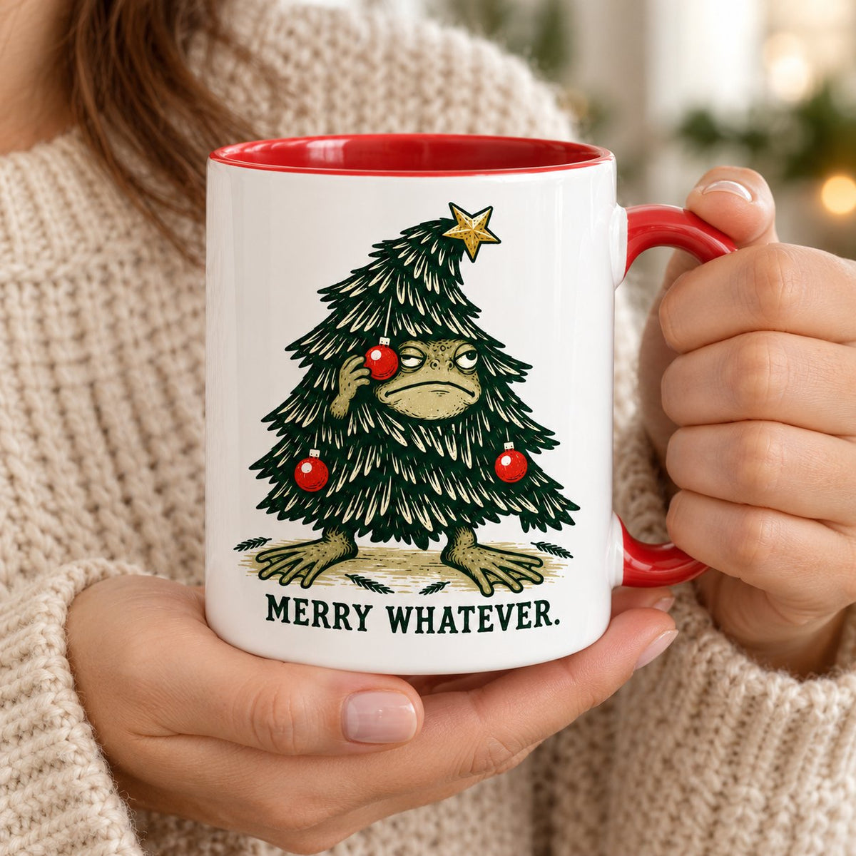 Merry Whatever Grumpy Frog Christmas Mug — Frog in a Christmas Tree Costume, Red Handle, 11 or 15 oz