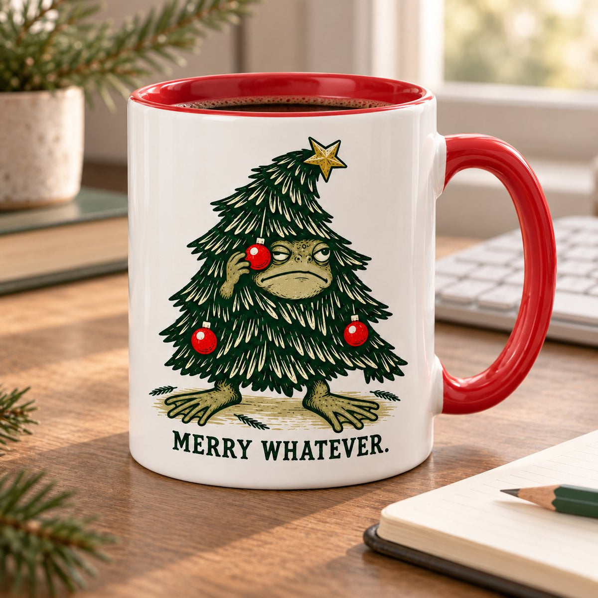 Merry Whatever Grumpy Frog Christmas Mug — Frog in a Christmas Tree Costume, Red Handle, 11 or 15 oz