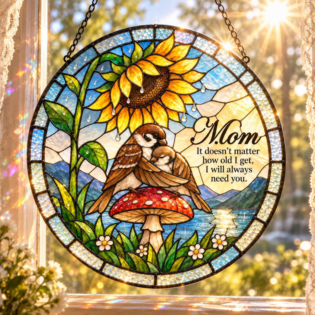 Mom Sparrow & Chick Sunflower Umbrella Holographic Acrylic Suncatcher — I Will Always Need You