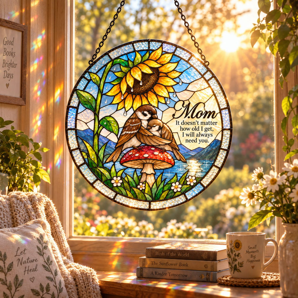 Mom Sparrow & Chick Sunflower Umbrella Holographic Acrylic Suncatcher — I Will Always Need You