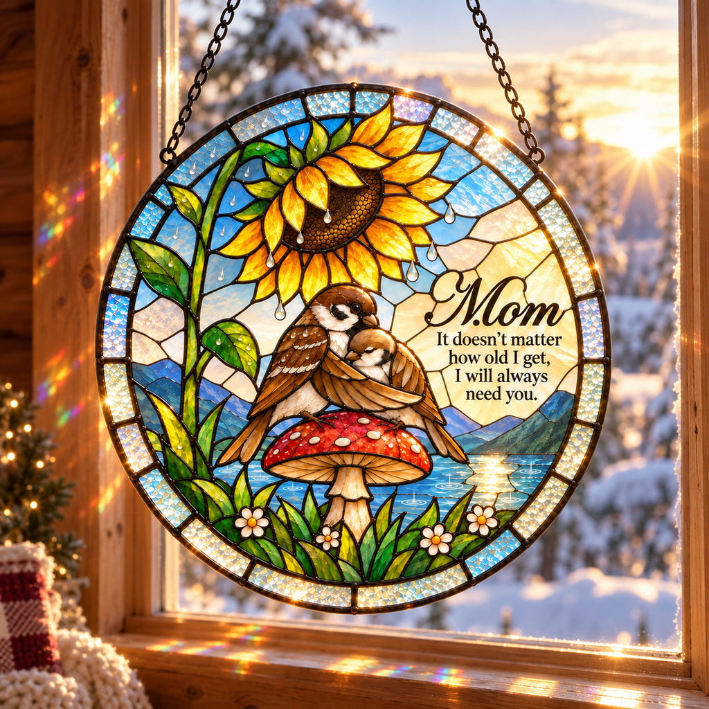 Mom Sparrow & Chick Sunflower Umbrella Holographic Acrylic Suncatcher — I Will Always Need You