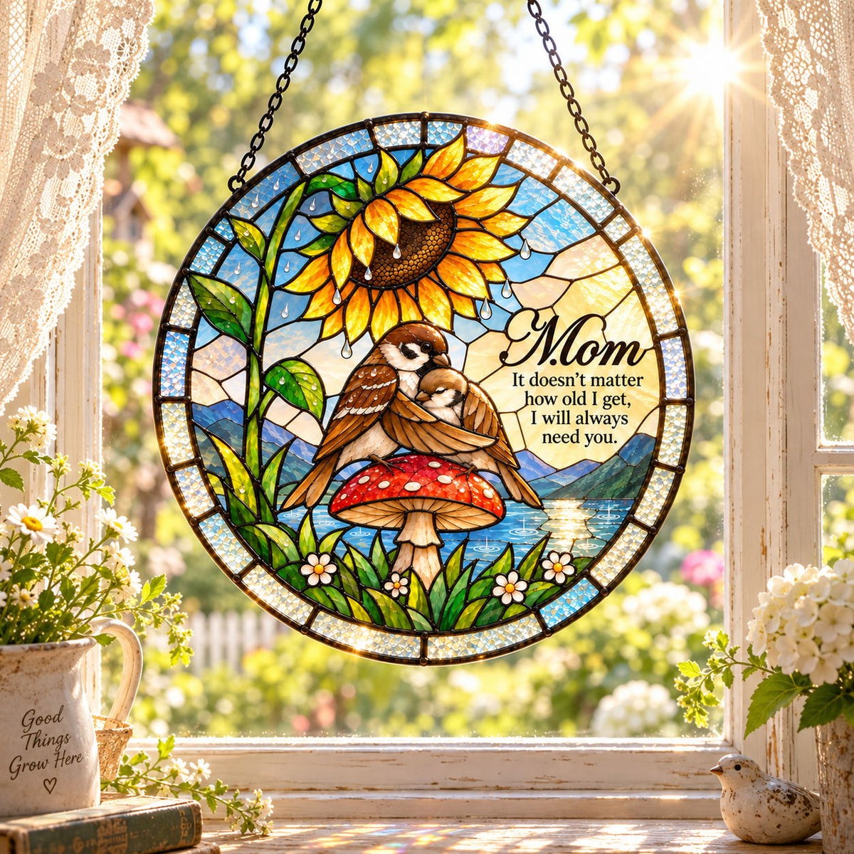 Mom Sparrow & Chick Sunflower Umbrella Holographic Acrylic Suncatcher — I Will Always Need You